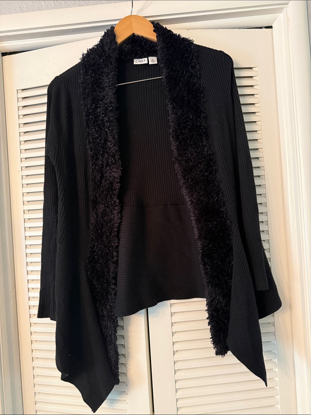 Cato Black Open-Front Cardigan with Faux Fur Trim